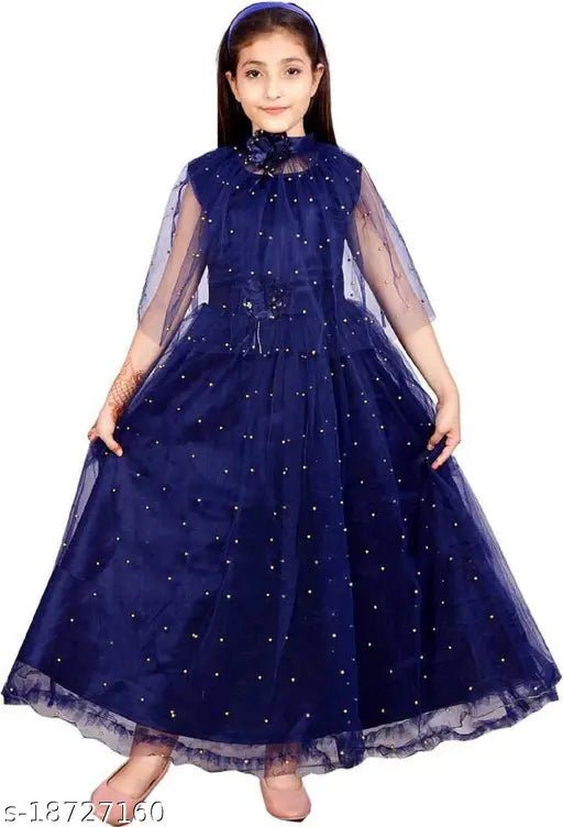 Blue net frock dress for girls partywear, embellished ethnic gown on mannequin, net sleeve length three-quarter