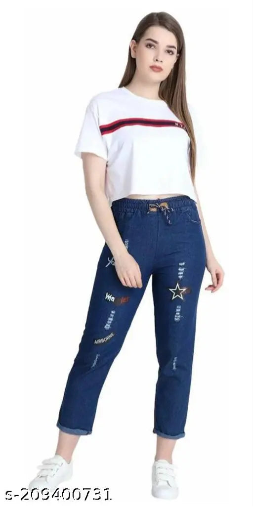 Dark denim jogger with fancy star print, ideal for contemporary fashion