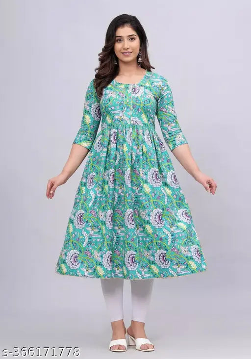 Trendy 100 cotton printed Naira cut kurti for women & girls in various sizes, straight design with three-quarter sleeves, vibrant Sanganeri and Jaipuri print. Indian ethnic wear