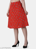 Red cotton flared skirt, ethnic Bagru print, POPWINGS women's fashion
