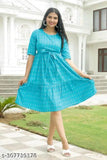 Sky blue cotton tunic dress, short sleeves, waist tie, women's fashion