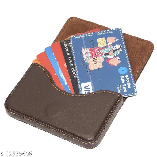 Brown Faux Leather Business Card Holder, holds 15-20 visiting cards or 6-8 debit/credit cards, compact design for everyday use