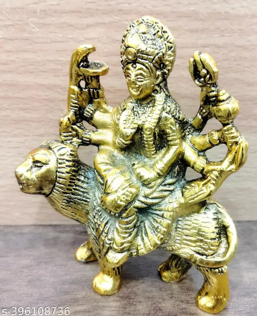 Golden metal Durga Maa idol statue, 10cm x 8cm x 11cm decorative showpiece for Puja, Indian craftsmanship