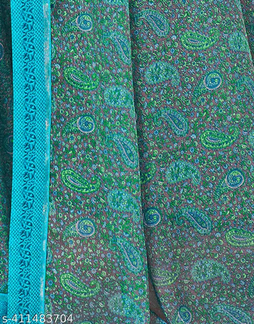 Georgette saree and blouse set in turquoise, grey, and blue pattern