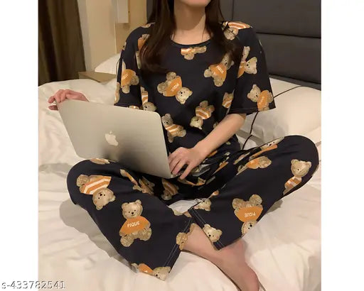 Black printed polycotton women's nightsuit set from SAMAYRA ENTERPRISE, pack of 2 for comfortable sleep and style