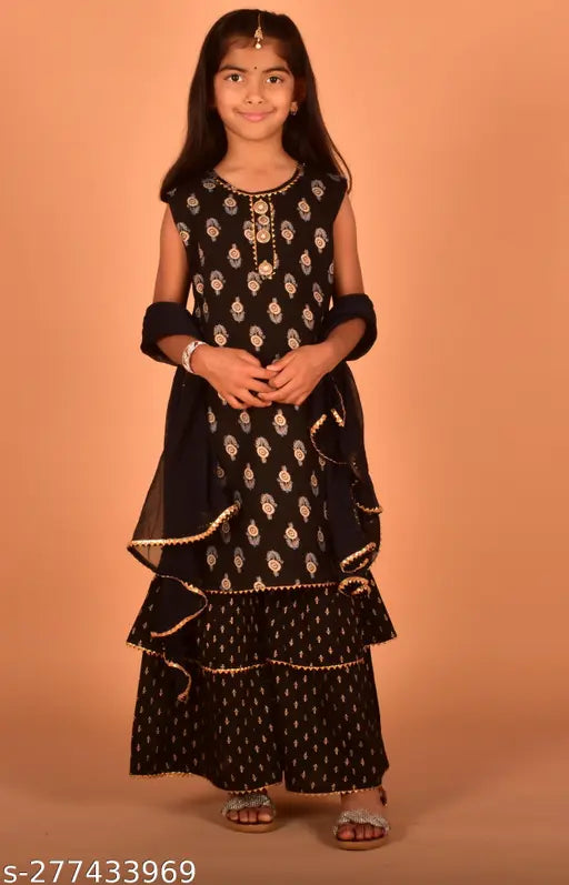 Rayon Misbis girls printed kurta, sharara and dupatta set - vibrant prints for party wear, best gift for 7-8 year olds