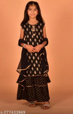 Rayon Misbis girls printed kurta, sharara and dupatta set - vibrant prints for party wear, best gift for 7-8 year olds