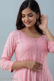 Women's viscose rayon print round neck flared kurta with 34 sleeves and ankle length, 65cm chest