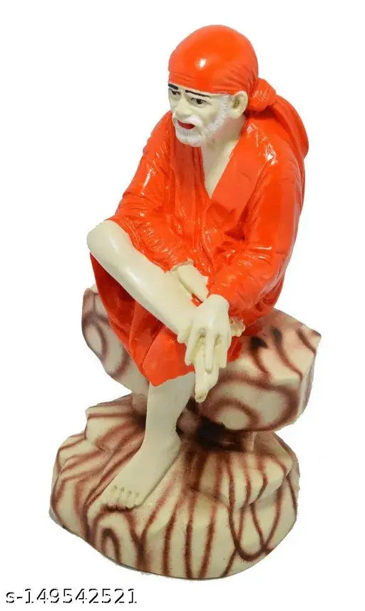 Orange poly resin Shirdi Sai Baba poshak, intricately hand-painted idol figurine on display stand