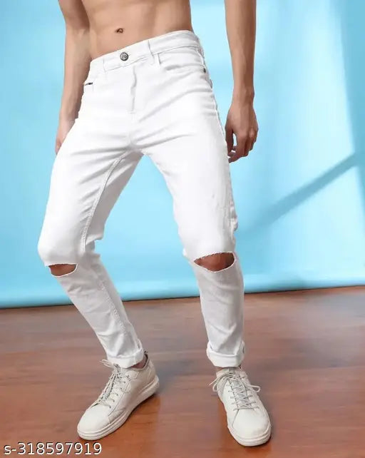 Rustic Blooms men's ripped knee white denim jeans, stylish fit for casual and partywear