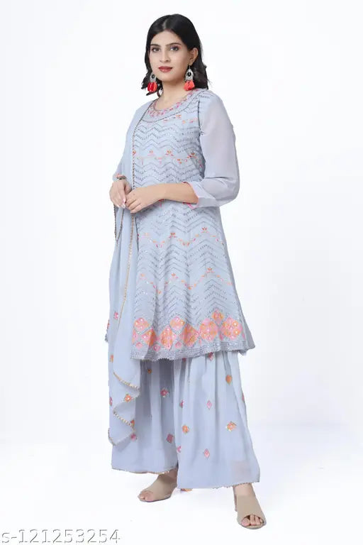 Blue, embroidered anarkali suit with sharara and dupatta set