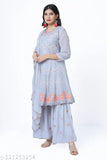 Blue, embroidered anarkali suit with sharara and dupatta set