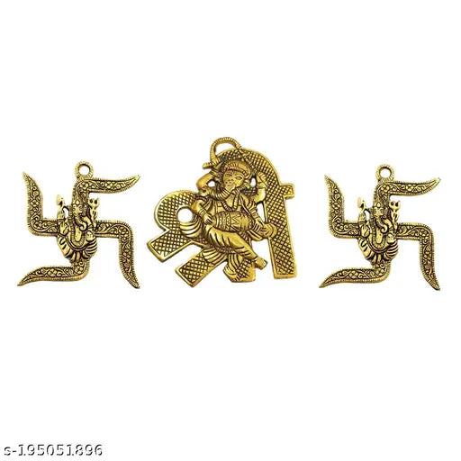 Brass handicraft, 2-lode Ganesh on swastik and 1-lode Ganesh on shree showpiece - traditional Indian art for home decor, exquisite wall hanging with antique look