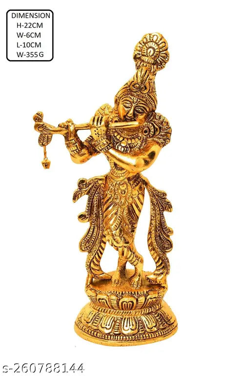 Gold Krishna statue figurine, Indian decorative showpiece, 22cm high, Krishna playing flute, home or temple decoration