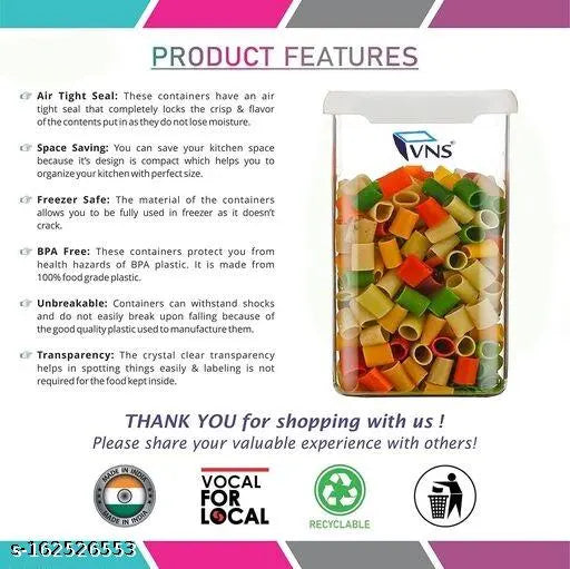 Airtight plastic square container set for kitchen storage, 1100ml