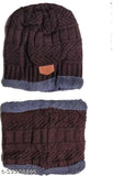 Woolen unisex beanie with fur skull cap & neck warmer, great for winter sports & outdoor activities
