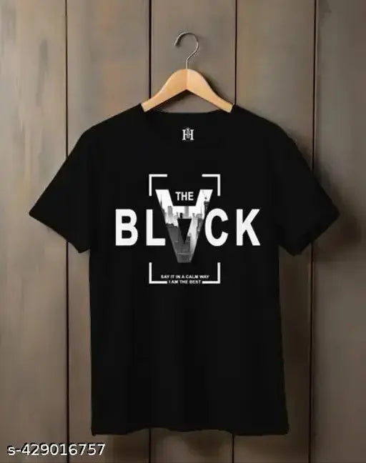 Mens roundneck cotton blend t-shirt, short sleeves, printed design, size S (36in chest, 26in length), black, versatile wardrobe staple