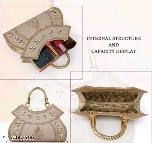 The image displays a collection of women's clutches, each with distinct features
