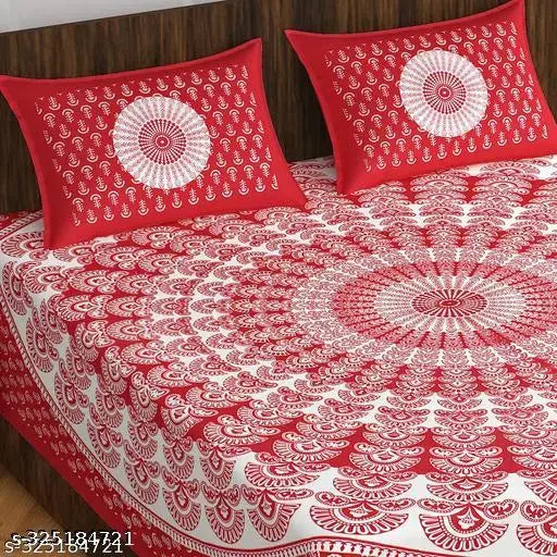 Jaipuri cotton queen-size bedsheet with paisley print, Rajasthani traditional design, includes 2 pillow covers for home or hotel use