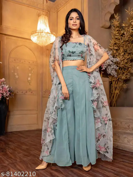 Georgette printed net kurta with dupatta and palazzo set in M size, Indian ethnic wear