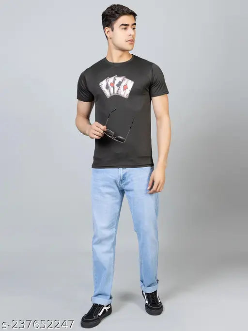Lightweight, printed Lycra summer t-shirt for men with half sleeves and round neck, sporty casual vibe, India origin