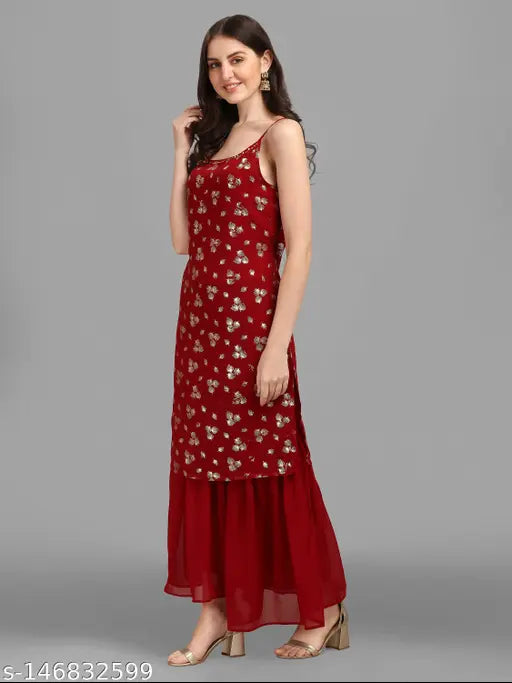 Georgette sleeveless Jivika Graceful women's kurta set with palazzos, printed Indian fashion