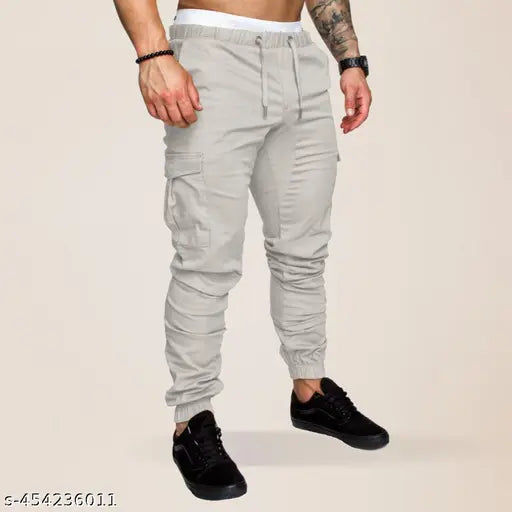 Khaki jogger pants with elastic waistband and side pockets
