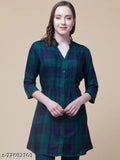 Green and blue rayon tunic for women with 3/4 sleeves and checked pattern