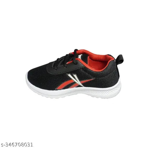 Black kids' sports running walking shoes with red accents and white laces