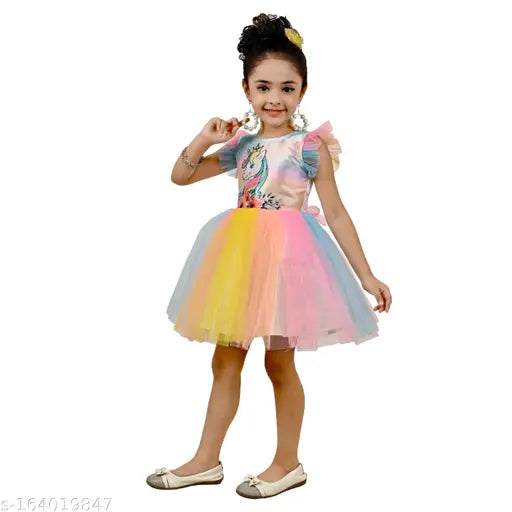 Girls multi-color unicorn party dress with ruffled sleeves and tulle skirt