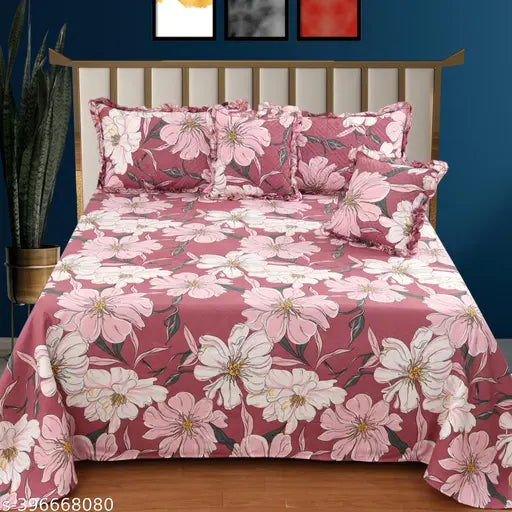 Luxurious cotton king size bedsheet set of 5 pieces with quilted pillow covers and cushion covers. Heavy quality floral print flat sheets for home and hotels