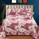 Luxurious cotton king size bedsheet set of 5 pieces with quilted pillow covers and cushion covers. Heavy quality floral print flat sheets for home and hotels
