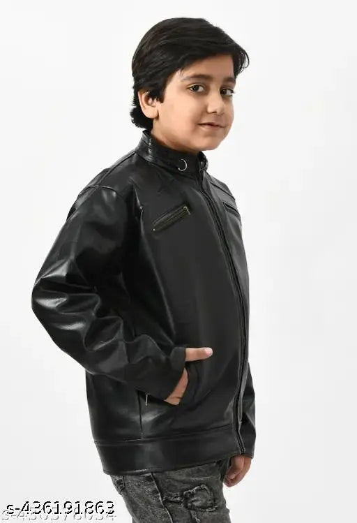 Ethnic boy in black jacket with zip closure
