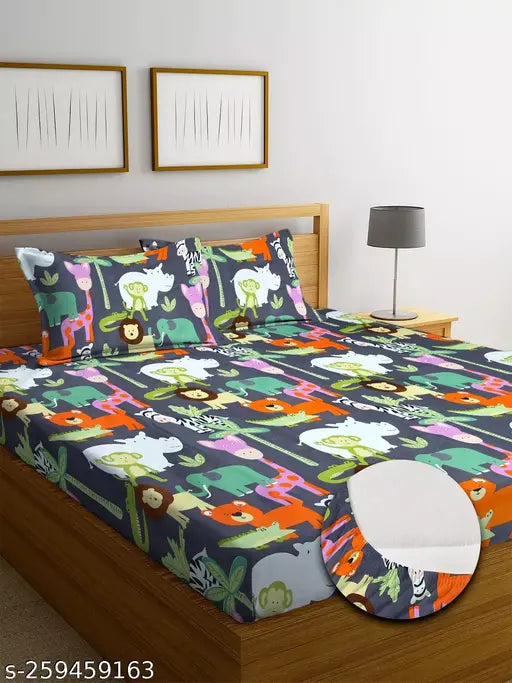 Multicolor premium cotton elastic fitted bedsheets with 2 pillow covers for double bed, 78x72+10 mattress. Soft, superfine quality, perfect for kids, summer use, easy home wash