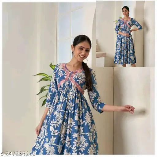 Jaipuri style printed long kameez, flared sleeves, blue and white floral print