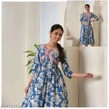 Jaipuri style printed long kameez, flared sleeves, blue and white floral print