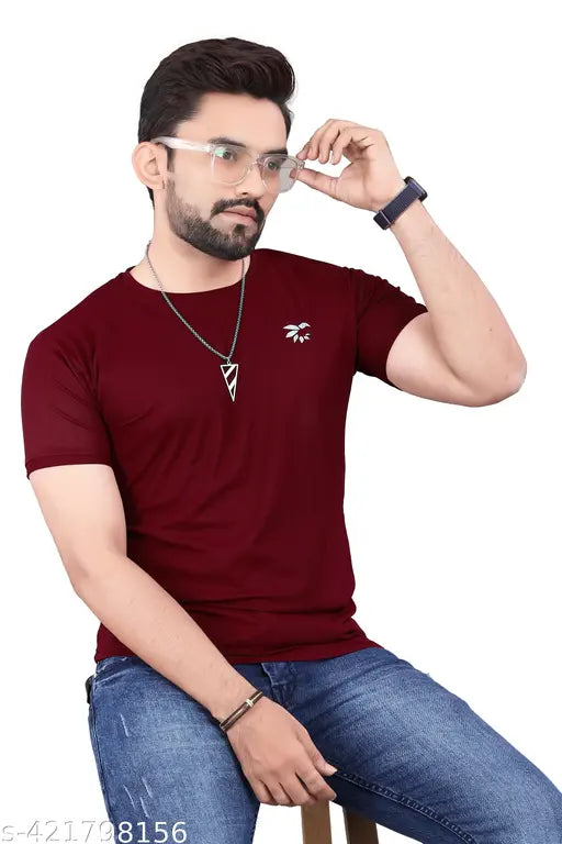 Men's solid round neck cotton-blend T-shirt, soft and lightweight, ideal for casual and semi-formal occasions, tagless with brand print at chest, short sleeves, S-XXXL sizes available
