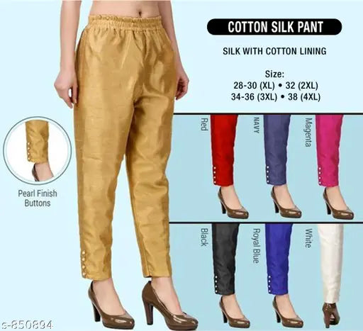 Gold cotton silk women's pants with elastic waistband and side pockets. Multiple size options, including 36-38 and 40-42