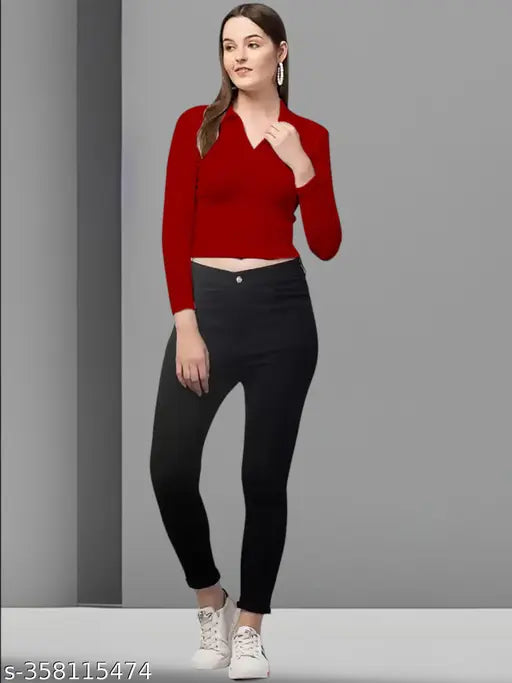 Red polyester blend V-neck T-shirt with long sleeves, 20 inches length