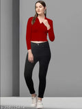 Red polyester blend V-neck T-shirt with long sleeves, 20 inches length