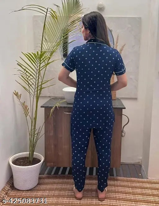 Blue white plus rayon night dress, printed star pattern, comfortable lounge wear on model