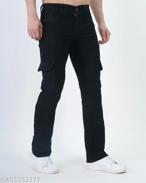Black denim men's jeans, straight-fit with six pockets. Waist size 28, length size 38 inches. Indian origin