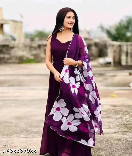 Georgette sleeveless traditional Anarkali dress with organza dupatta, trendy women's fashion for festive and casual wear