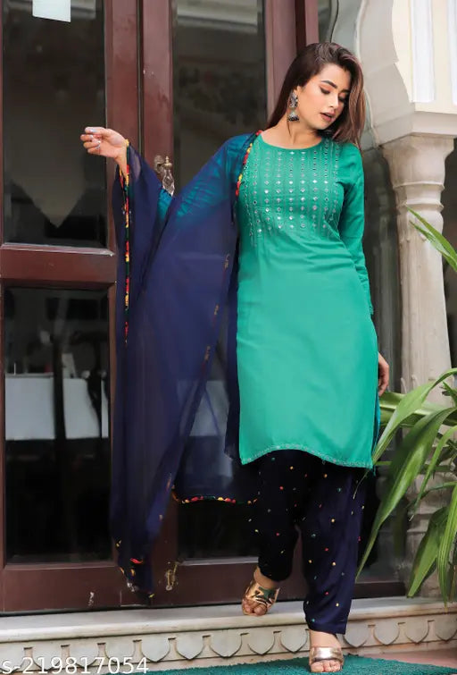 Green cotton embroidered patiala kameez, patal dupatta set with mirror work