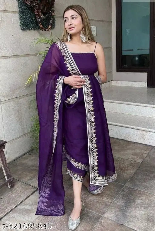 Georgette embroidery dupatta set, sleeveless purple Indian festive partywear with kurta and bottomwear, Made in India