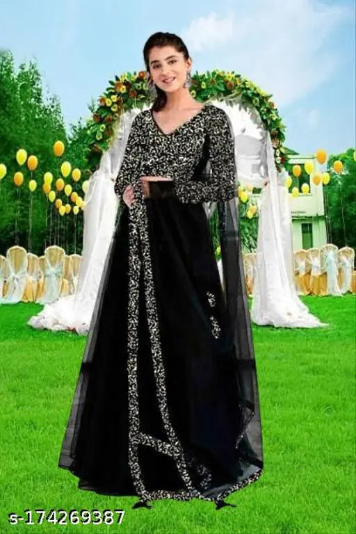 Velvet and net Indian party wear LAXMI V_LEHENGA_GOLD with lace dupatta and embellished top, semi-stitched for sizes up to 40
