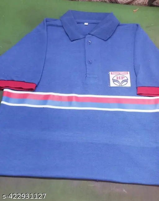 Hindustan Petroleum HPCL Customer service Assistant T-shirt, royal blue polycotton short sleeves, printed with logo on left side and stripe patch across chest. Sizes: S, M, L, XL, XXL (Chest sizes from 34in to 42in). Made in India by Pragati Textile, Jaipur
