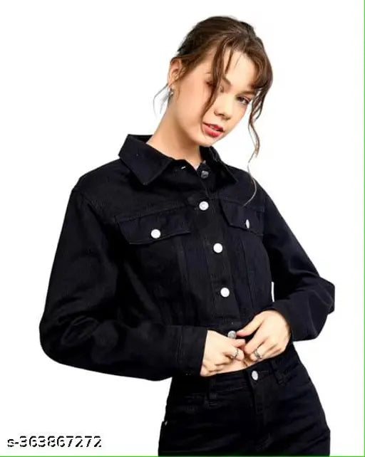 Black denim women's jacket, solid black design, long sleeves, size S (34in bust, 18in length), India origin