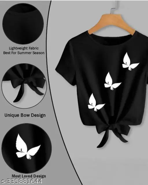 Black knot crop top T-shirt for women, three butterfly printed lycra, short sleeves, size S (32in bust, 18in length)
