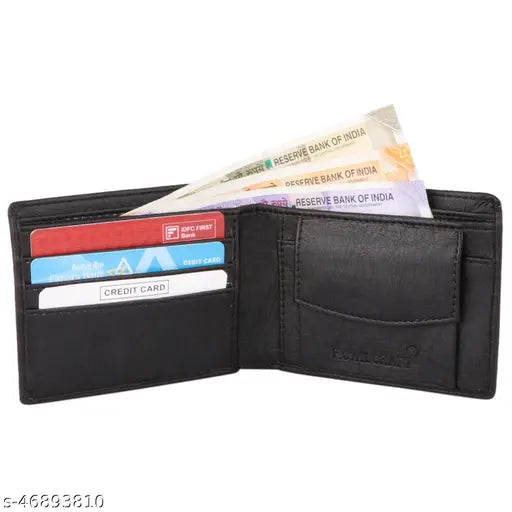 Faux leather/leatherette men's classic world wallet, featuring 2 compartments in a black and tan colorway. Free size for everyday essentials
